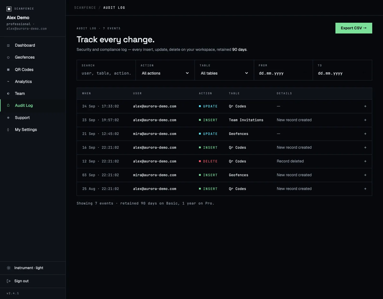 The Audit Log page with filters and a list of recent changes