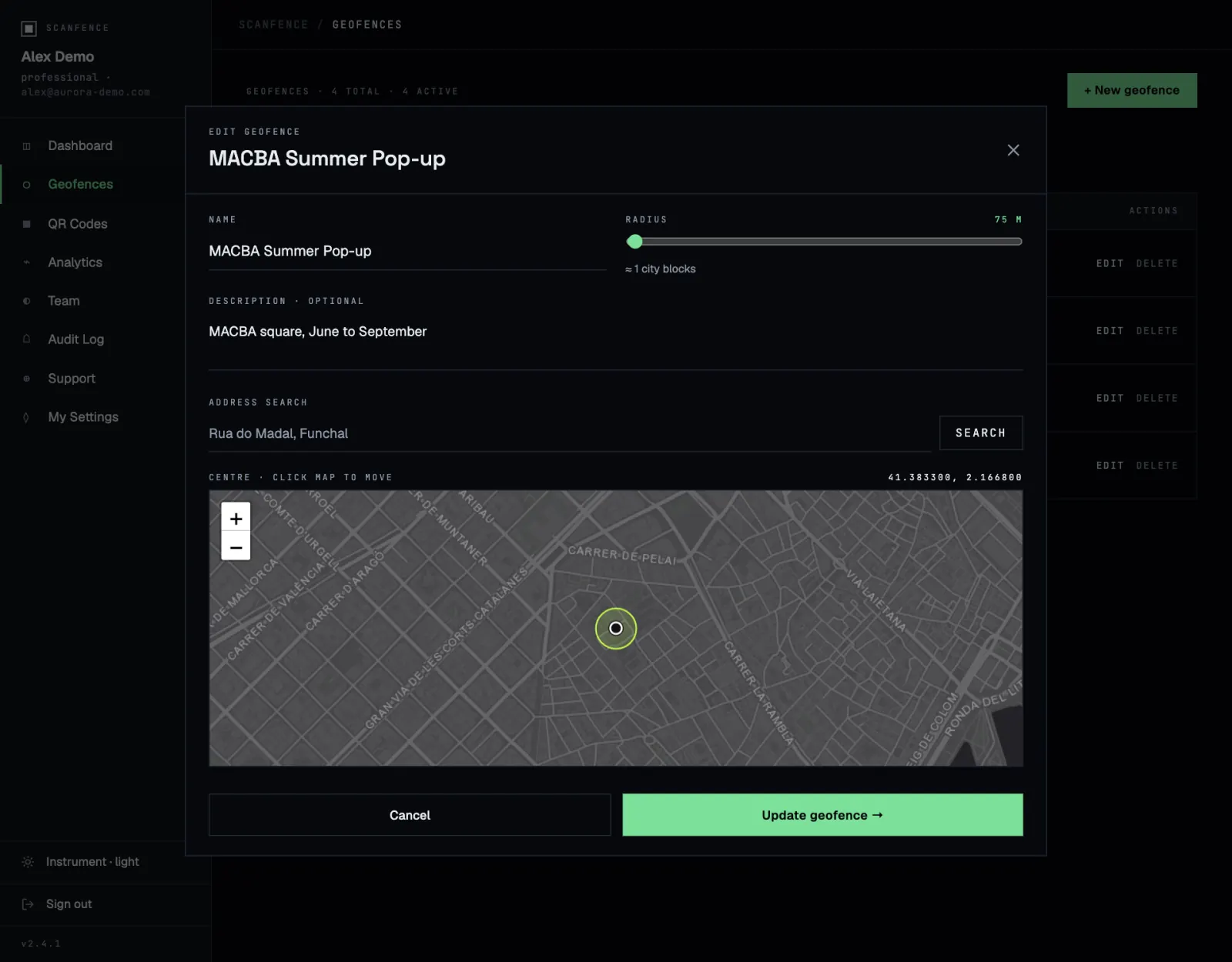 The Edit geofence window with name, description, radius slider set to 75 metres, address search and a map with the zone