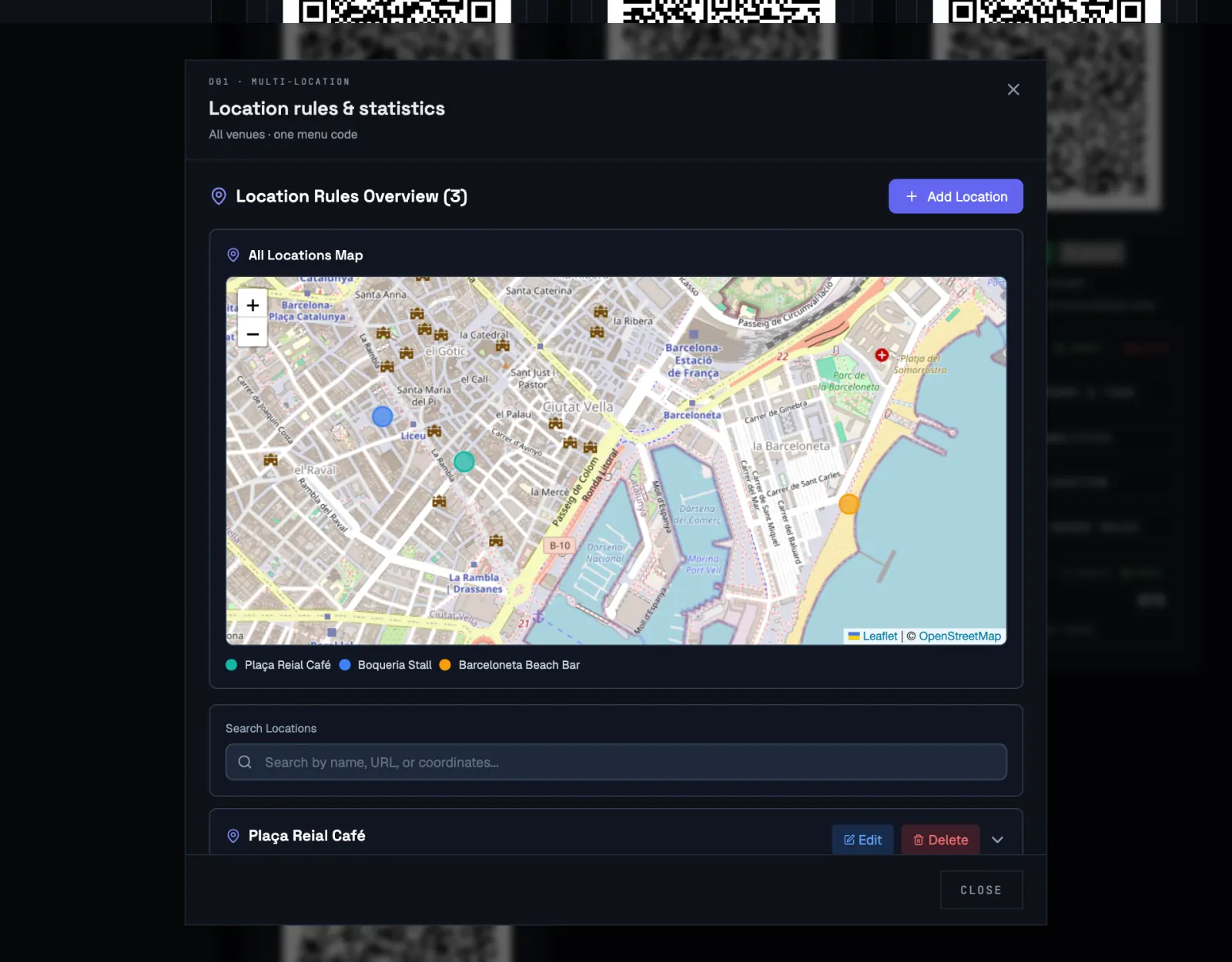 The Location rules and statistics window with three café locations shown as coloured circles on a city map