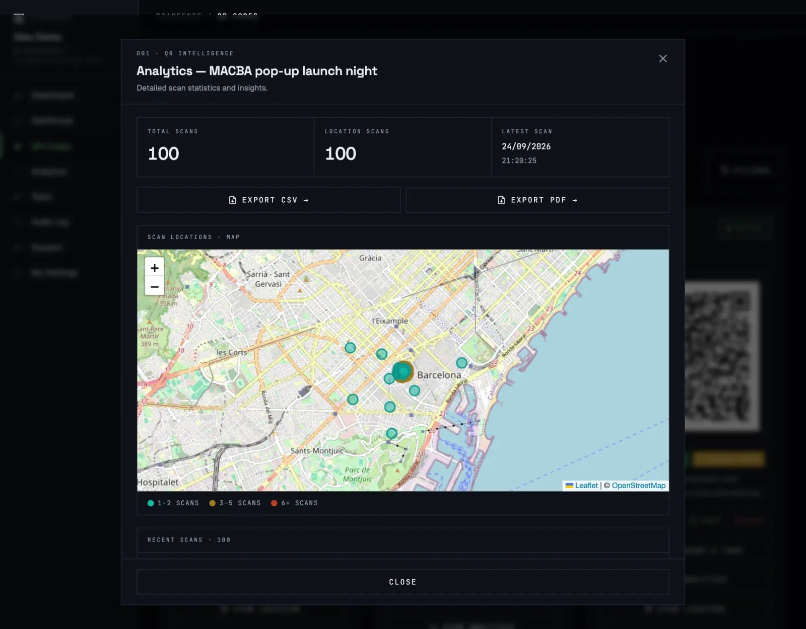 The analytics window of a single code with totals, export buttons and a map of scan locations