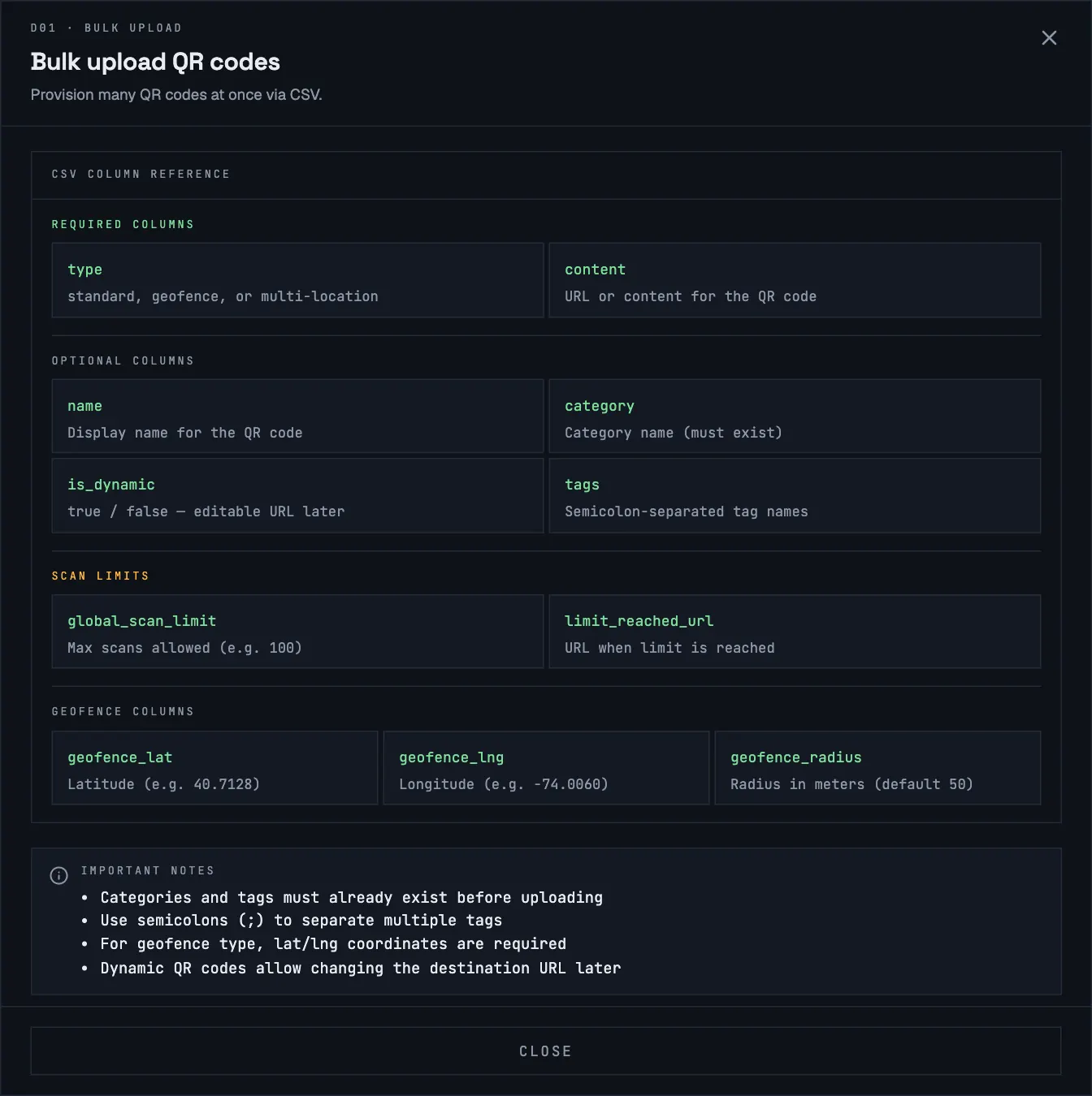 The Bulk upload QR codes window listing required, optional, scan limit and geofence columns
