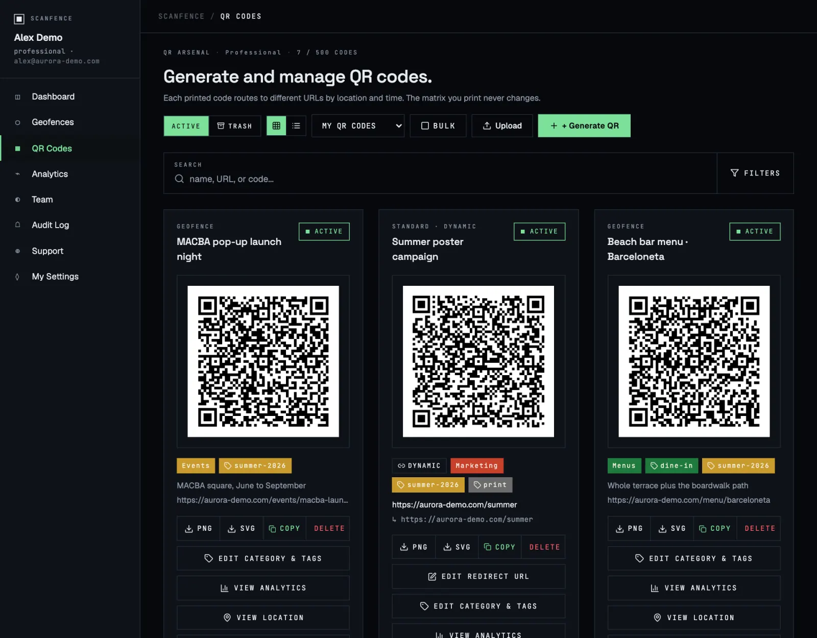 The QR Codes page in grid view with search, filters and code cards