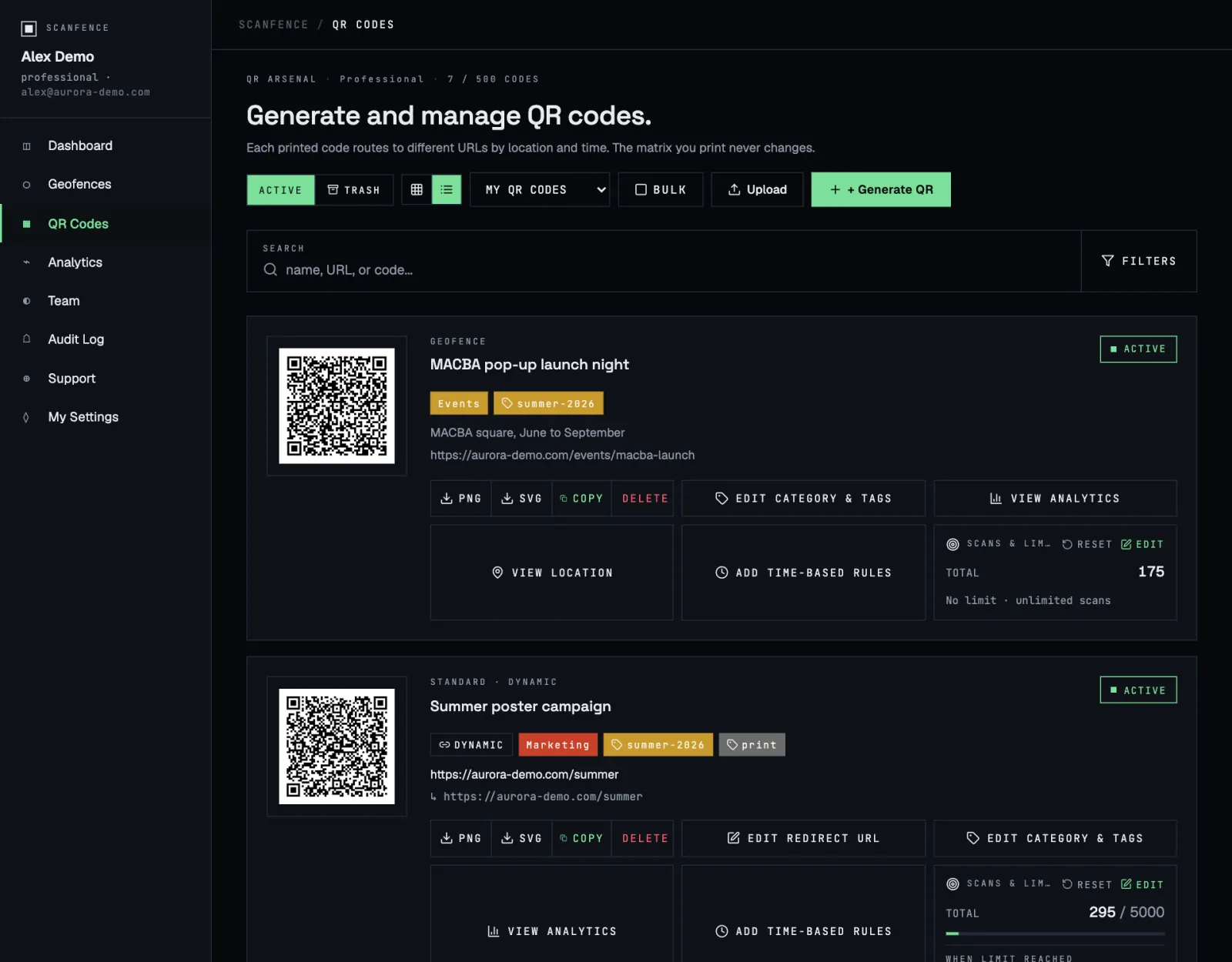 The QR Codes page in list view
