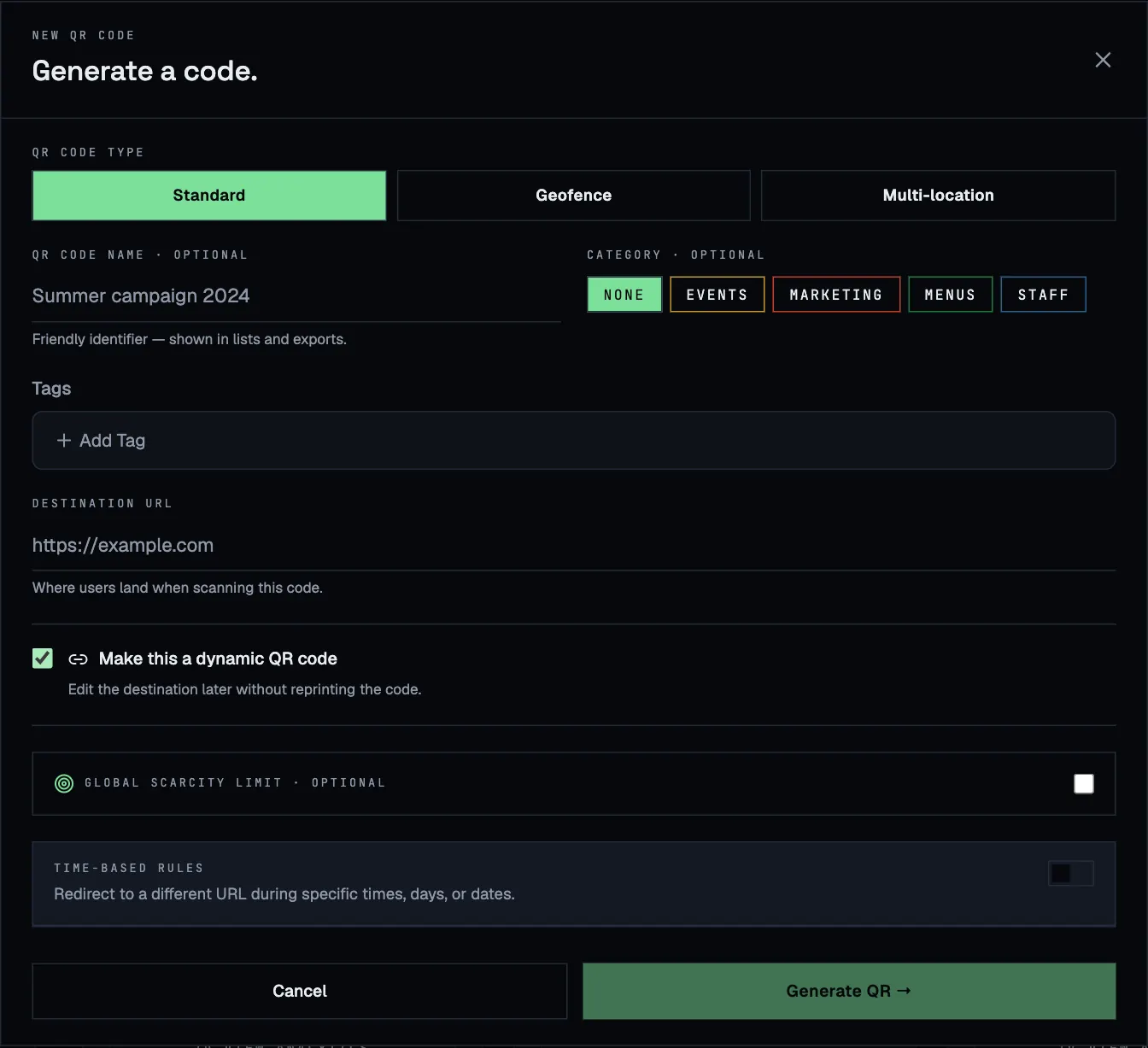 The Generate a code window with type Standard selected and the dynamic option ticked