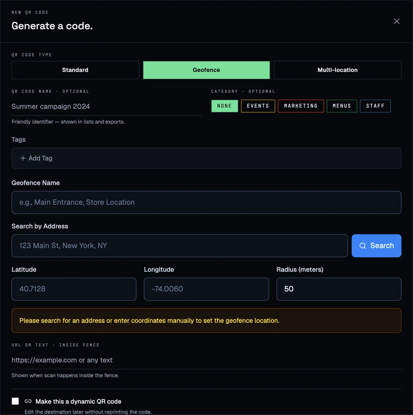 The geofence section of the Generate a code window, with name, address search, latitude, longitude and radius