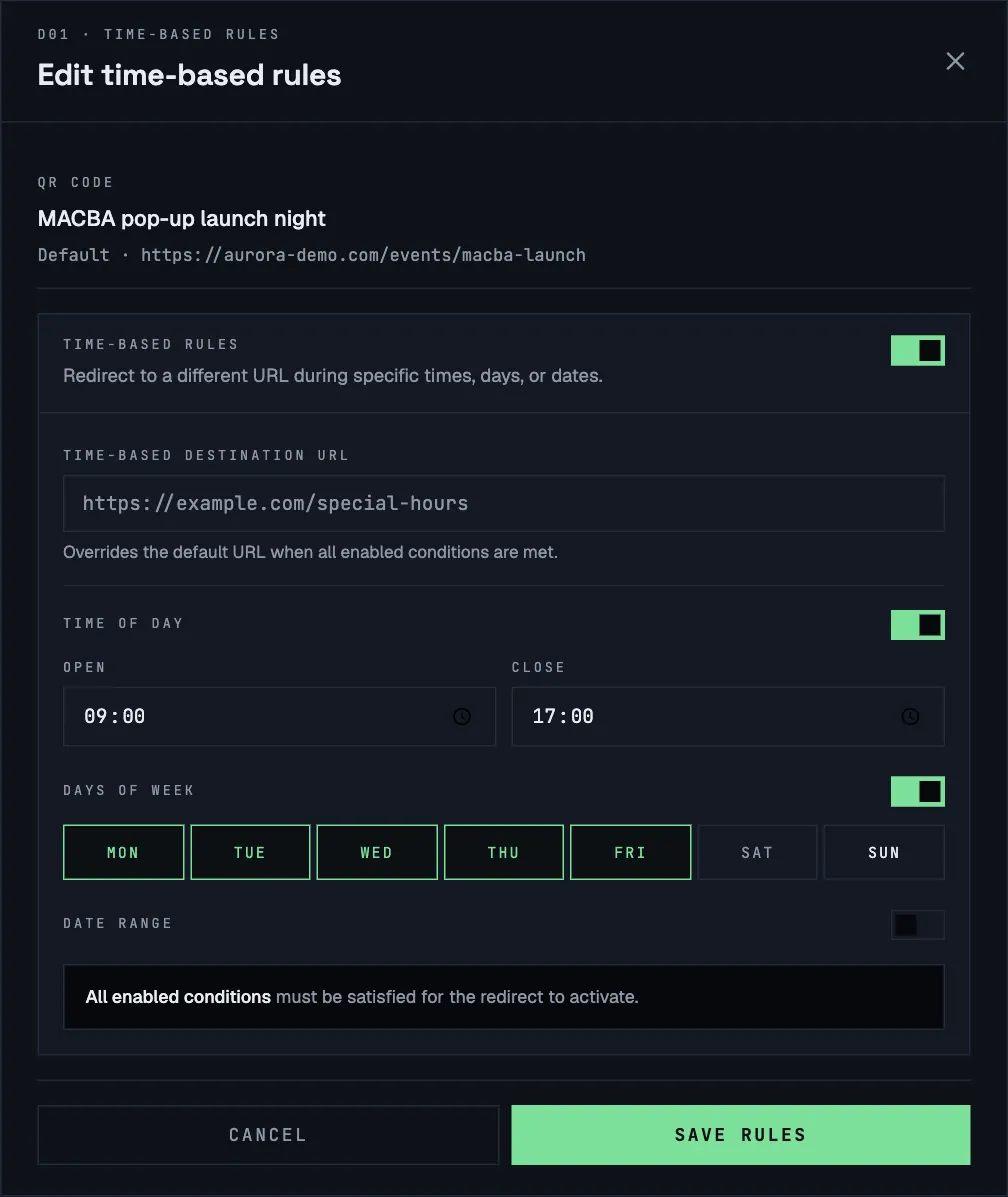 The Edit time-based rules window with time of day 09:00 to 17:00 and Monday to Friday selected