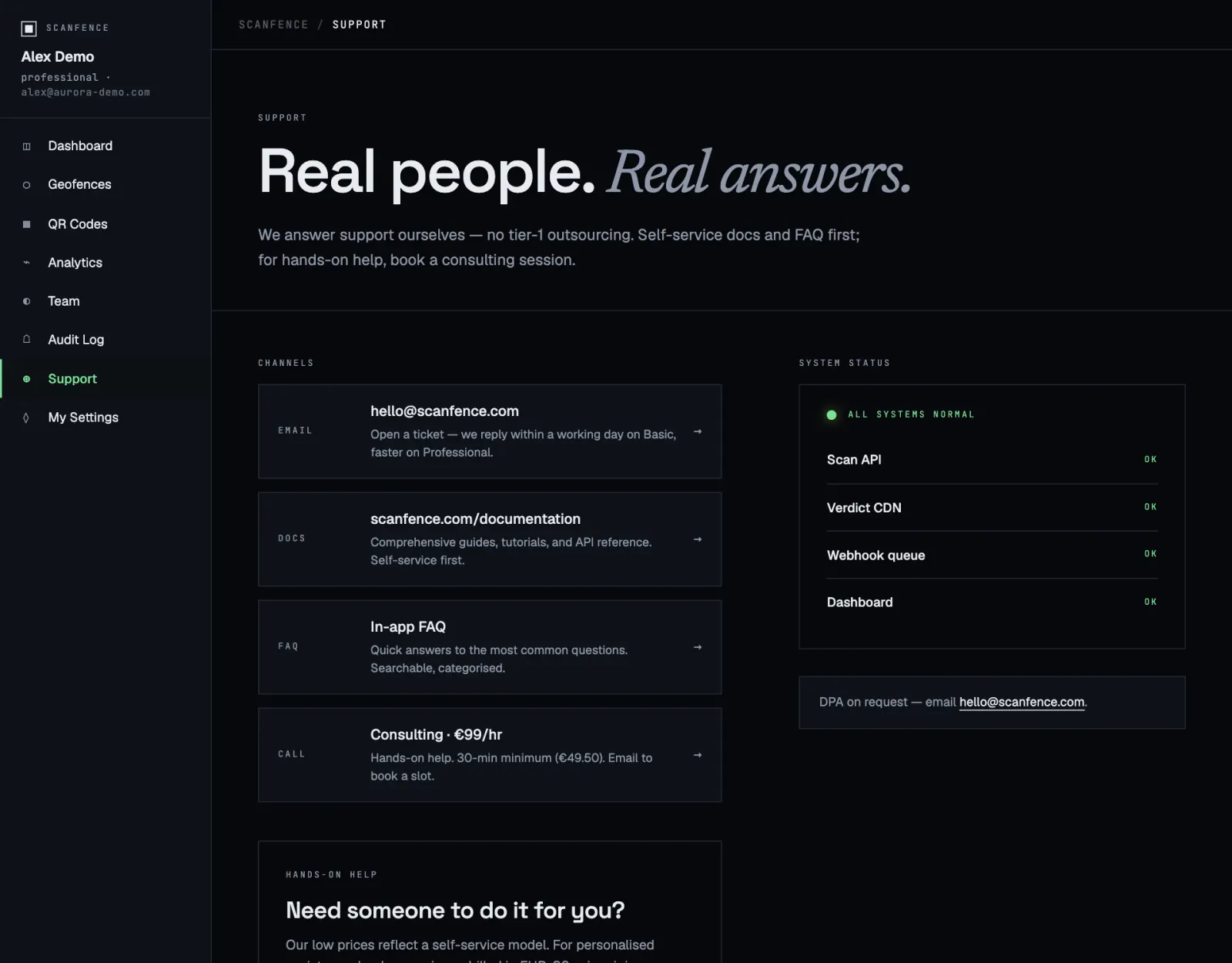 The Support page with contact channels and bookable help sessions