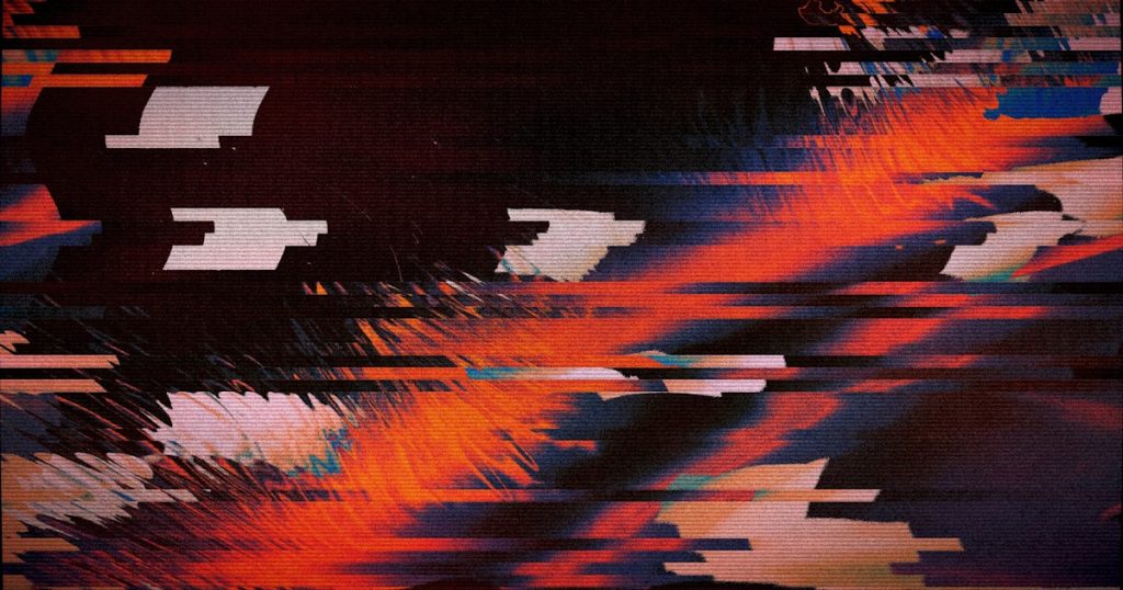 Abstract glitch art with orange and blue streaks.